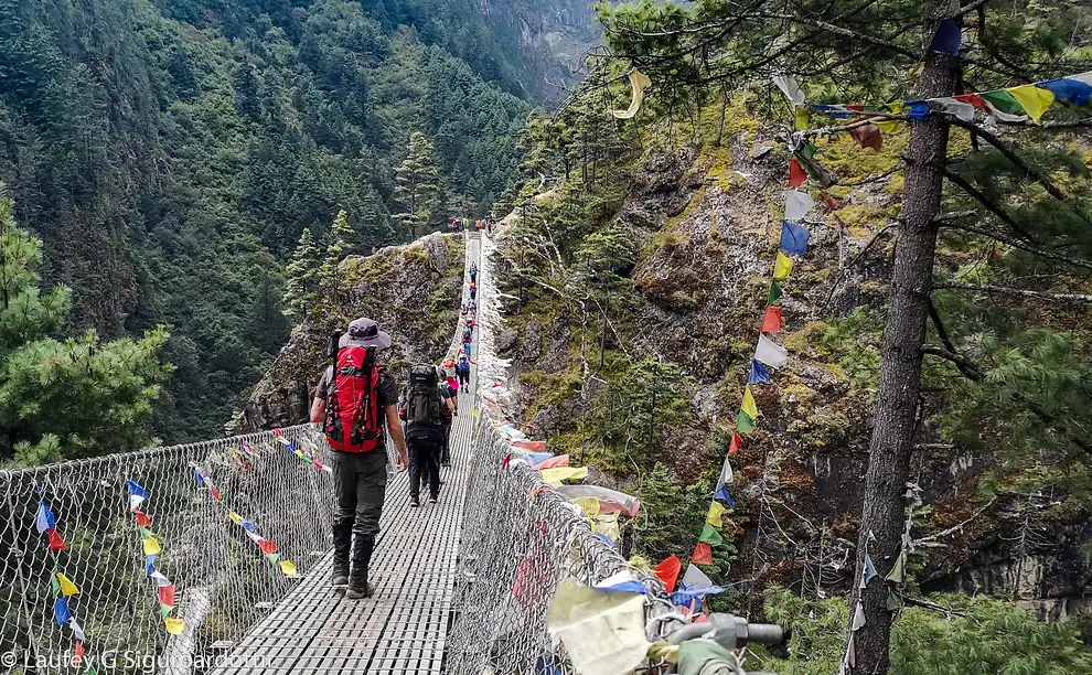 Trekkers crossing the Hillary Bridge on the route from Phakding to Namche Bazaar, adorned with colorful prayer flags, surrounded by lush green forests and steep cliffs.