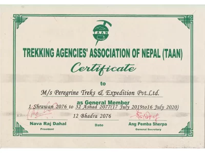 Trekking Agencies Association of Nepal Certificate