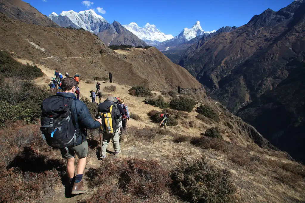 Trekking through the Himalayan terrain toward Everest Base Camp