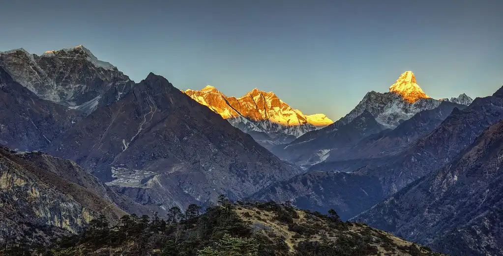 Sunset on the Himalayan giants of Everest, Lhotse and Ama Dablam