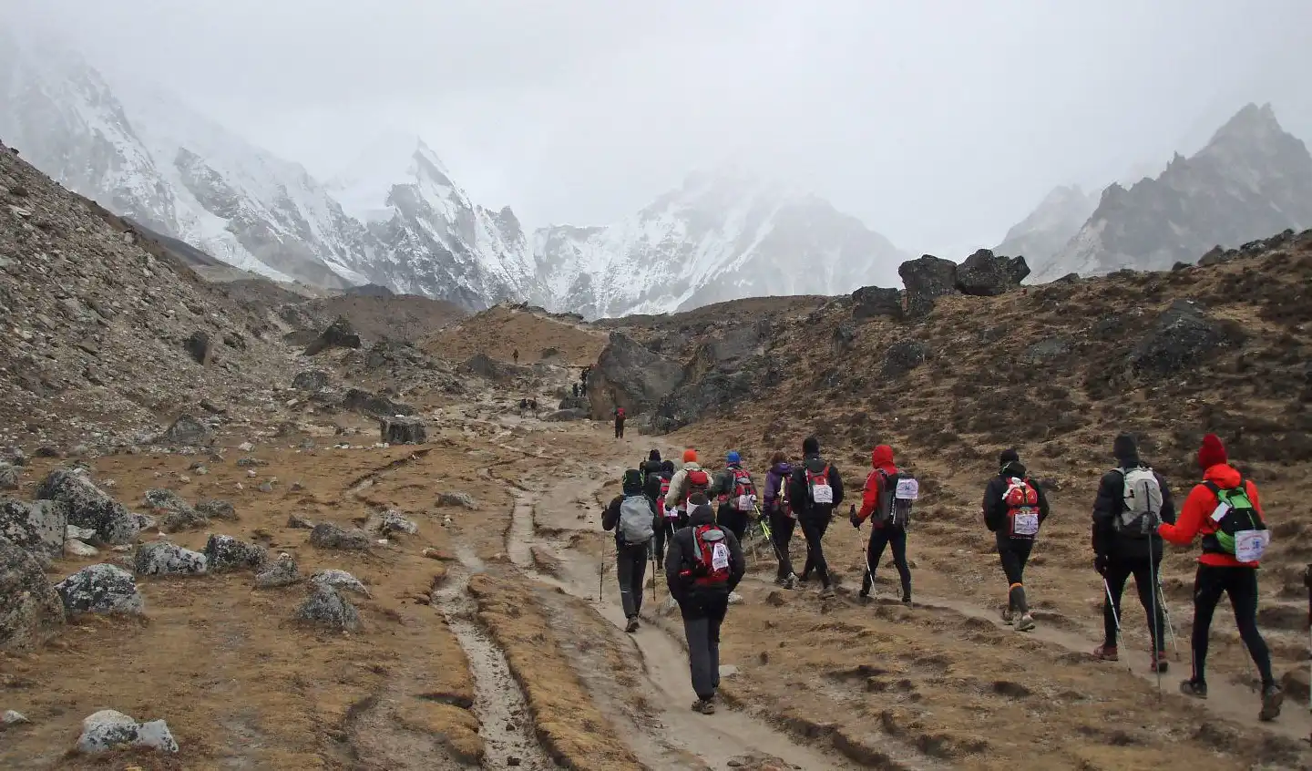 Trekkers on the way to Pheriche from Lobuche