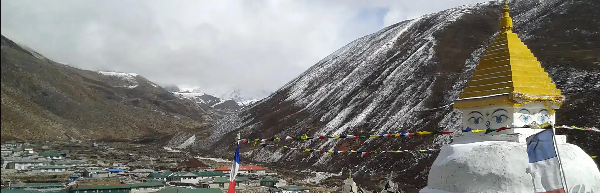 A panoramic view of Dingboche Village nestled in the Himalayan landscape, featuring a traditional white stupa with colorful prayer flags, surrounded by snow-dusted mountains and a cluster of green-roofed buildings.