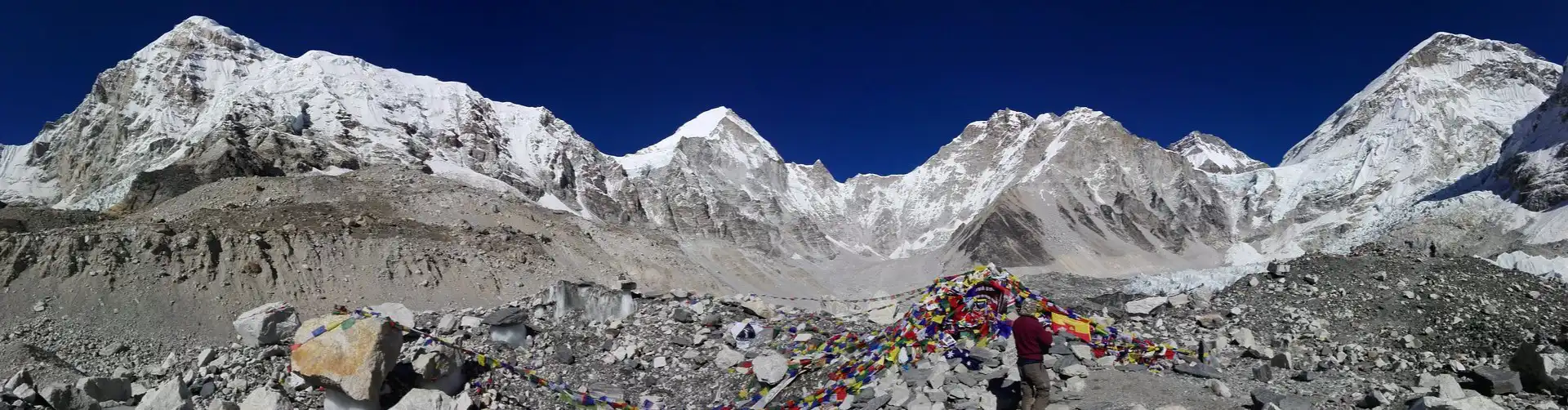 A panoramic view of Everest Base Camp surrounded by snow-capped peaks in the Himalayas, with prayer flags fluttering in the foreground.