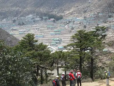 Trekking group with a view of Khumjung village in the distance, surrounded by trees in the Everest region of Nepal.