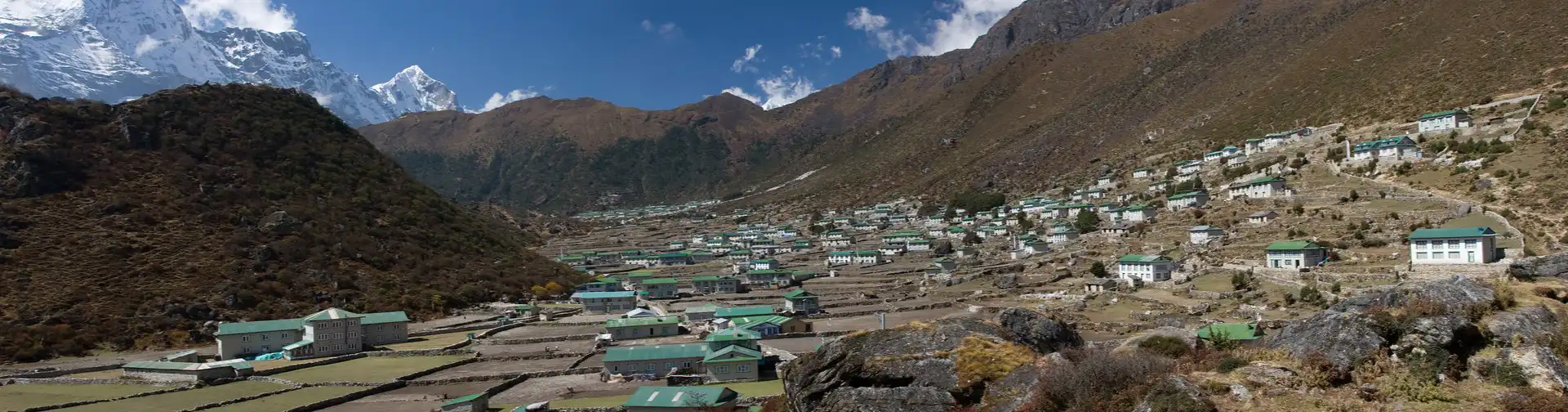 Panoramic view of Khumjung village surrounded by mountains in the Everest region of Nepal.