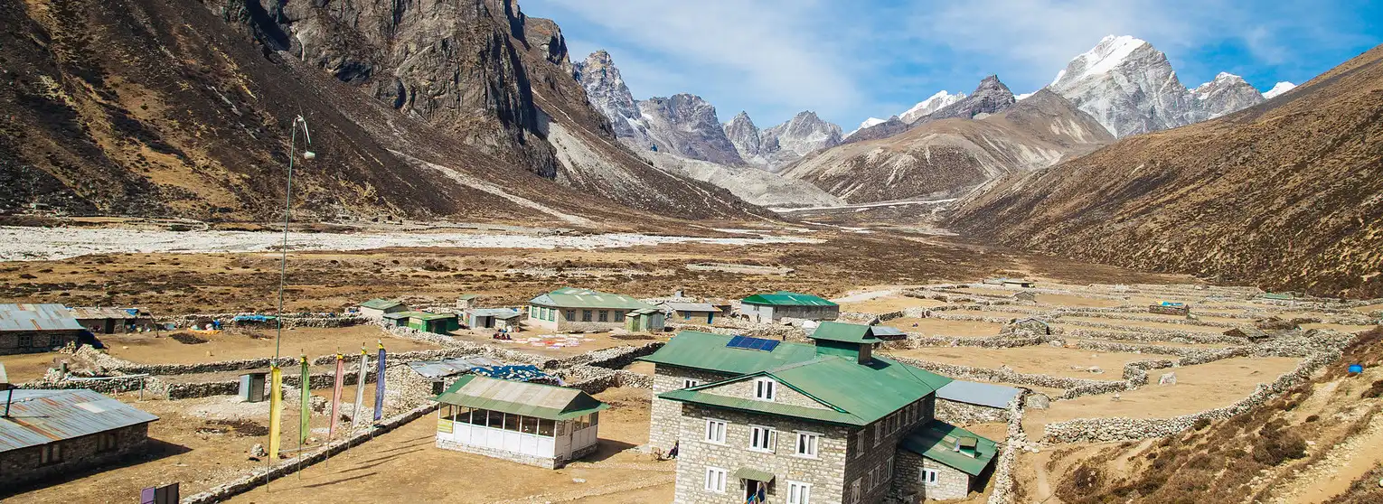 A panoramic view of Pheriche Village in Nepal, with stone houses, prayer flags, and towering Himalayan peaks in the background.