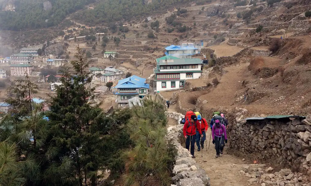 Ascending out of Namche to Deboche